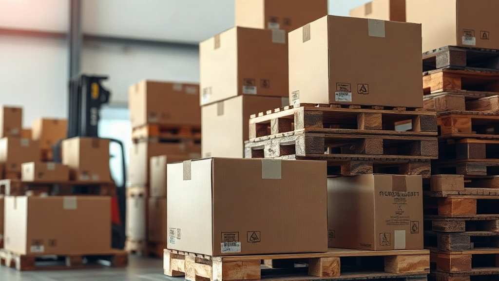 cardboard shipping cartons and wooden pallets stacked in a logistics warehouse, forklift in the background, export boxes