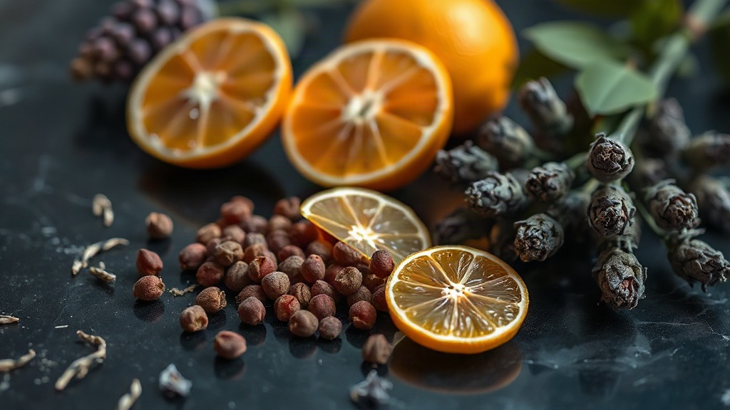 macro photography of bergamot citrus fruits, pink peppercorns and sprigs of lavender arranged on a dark polished marble 
