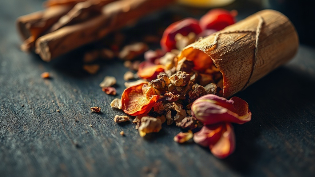 close-up macro shot of raw perfumery ingredients arranged on a dark wooden table, oud wood chips, saffron threads, dried