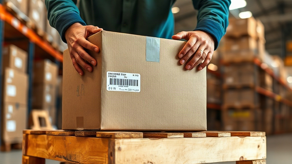 A warehouse worker's hands inspecting a sealed cardboard shipping box with a barcode label, resting on a wooden pal