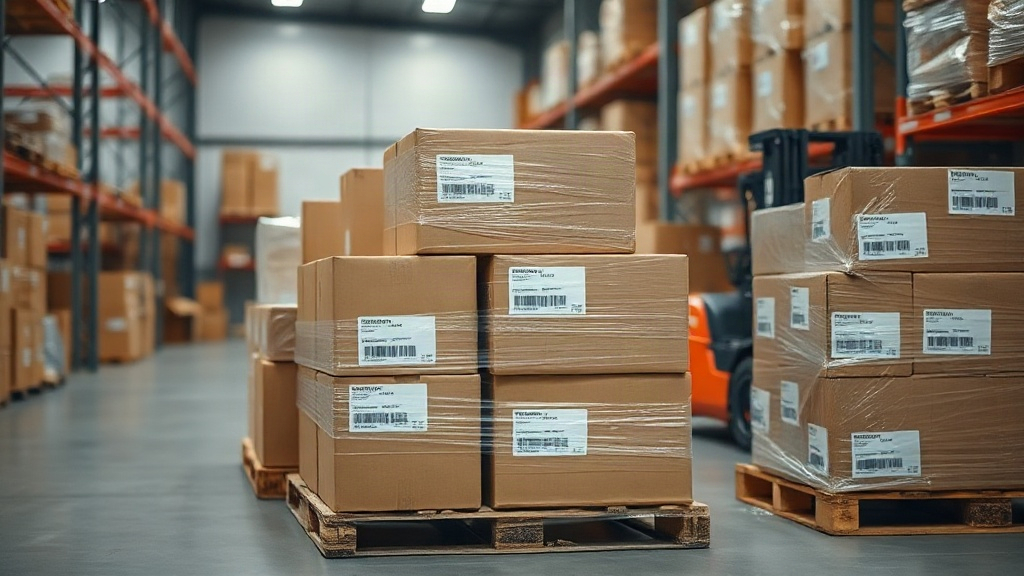 Warehouse interior with stacked sealed cardboard shipping cartons wrapped in plastic film on wooden pallets, shipping la