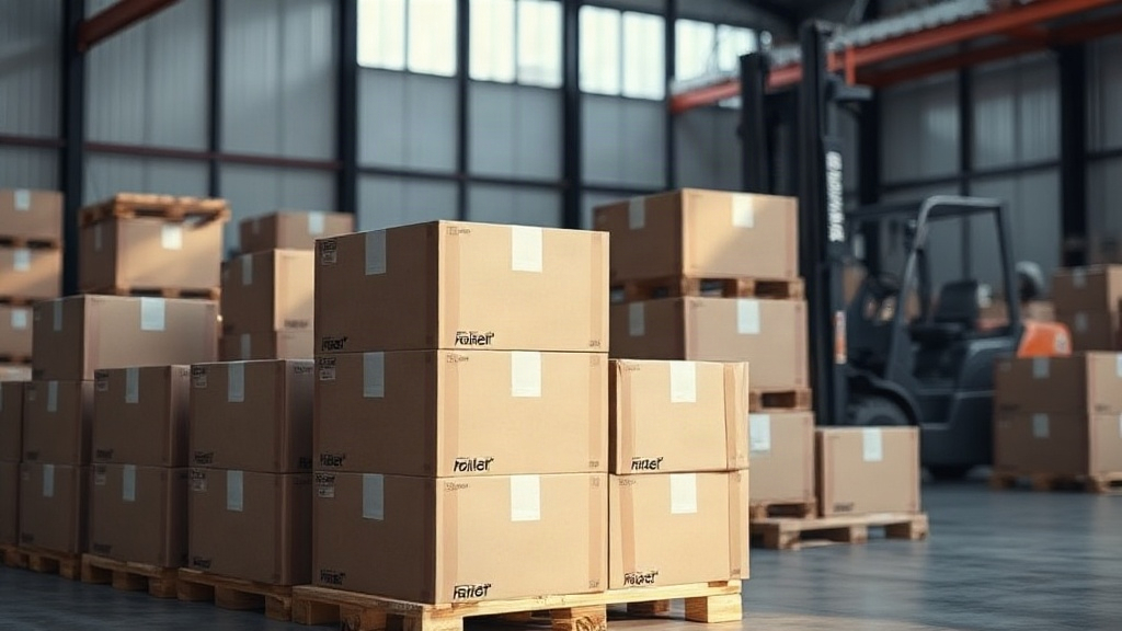 warehouse pallets stacked with sealed cardboard shipping cartons, forklift in the background, industrial logistics setti