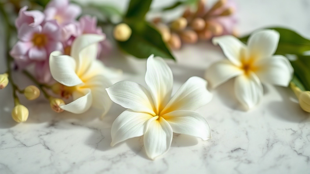 close-up of fresh bergamot, jasmine and ylang-ylang flowers arranged on a white marble surface with soft natural light, 