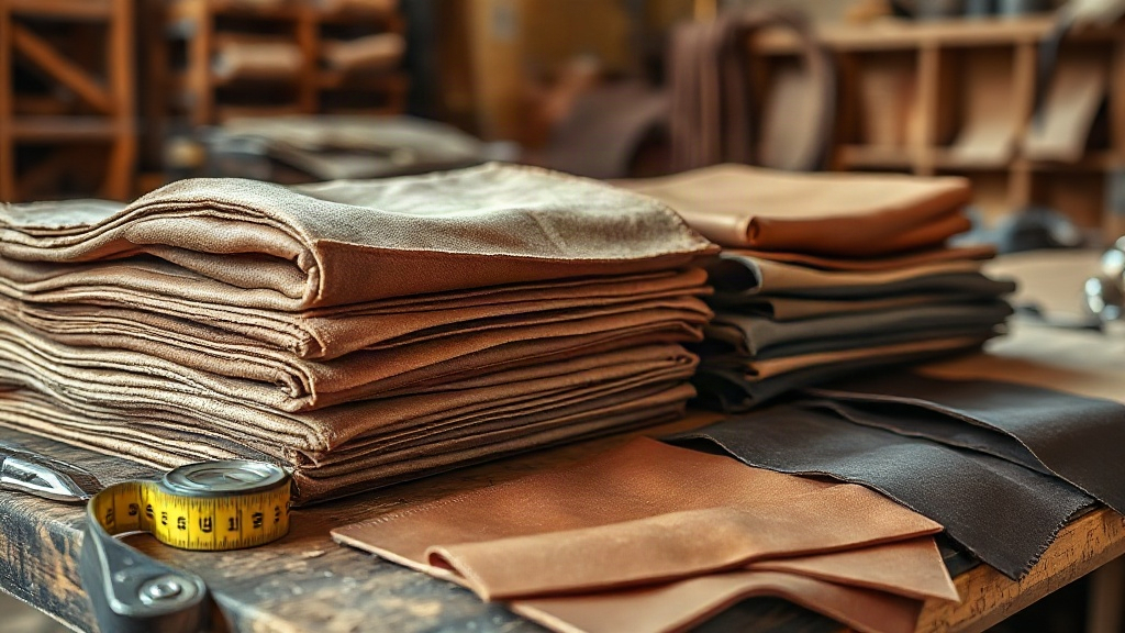 close-up product photography of raw full-grain leather hides stacked on a rustic wooden workbench, leather cutting tools