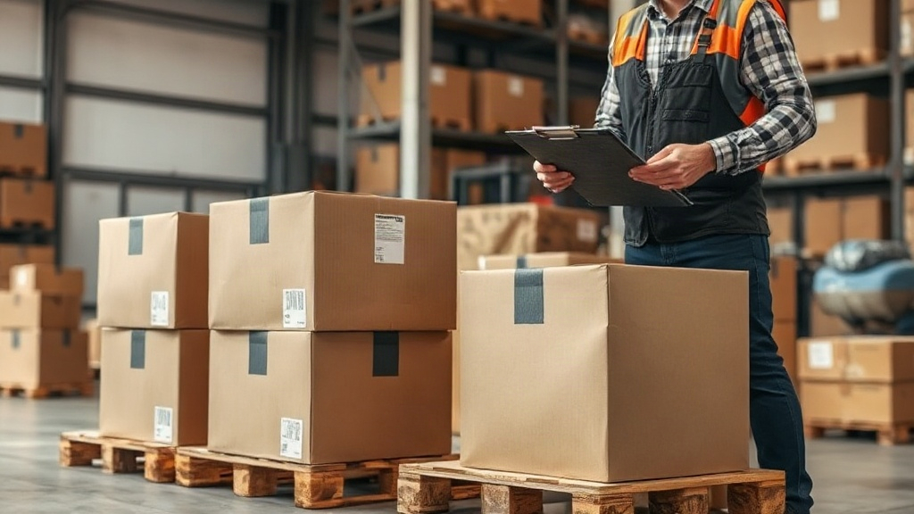 warehouse interior with stacked cardboard shipping boxes on wooden pallets, worker's hands checking an inventory cl