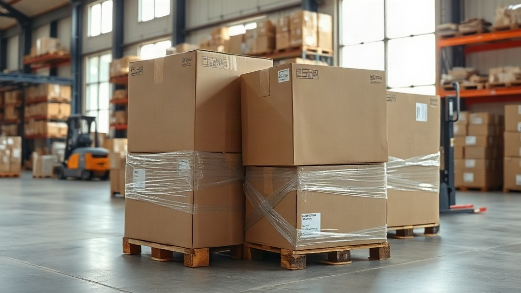 warehouse interior with stacked cardboard shipping boxes on wooden pallets, wrapped in clear protective film, forklift p