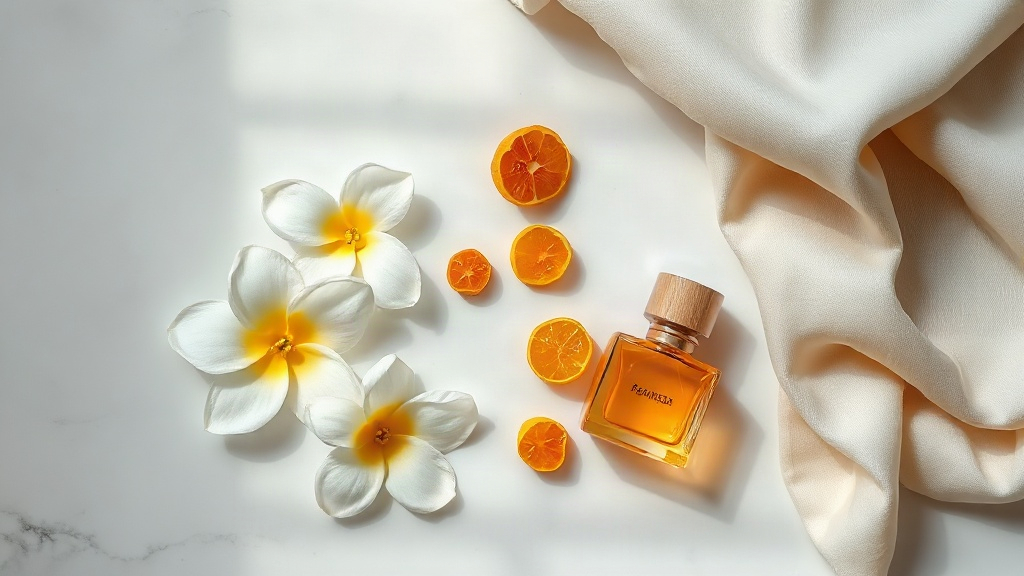 Elegant flat-lay composition on white marble surface showing fresh jasmine flowers, bergamot slices, amber resin chunks,