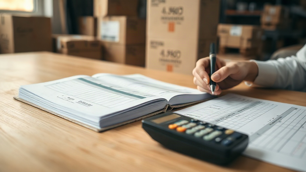 close-up of a wooden warehouse desk with an open logistics ledger, a calculator, stacked brown cardboard shipping boxes