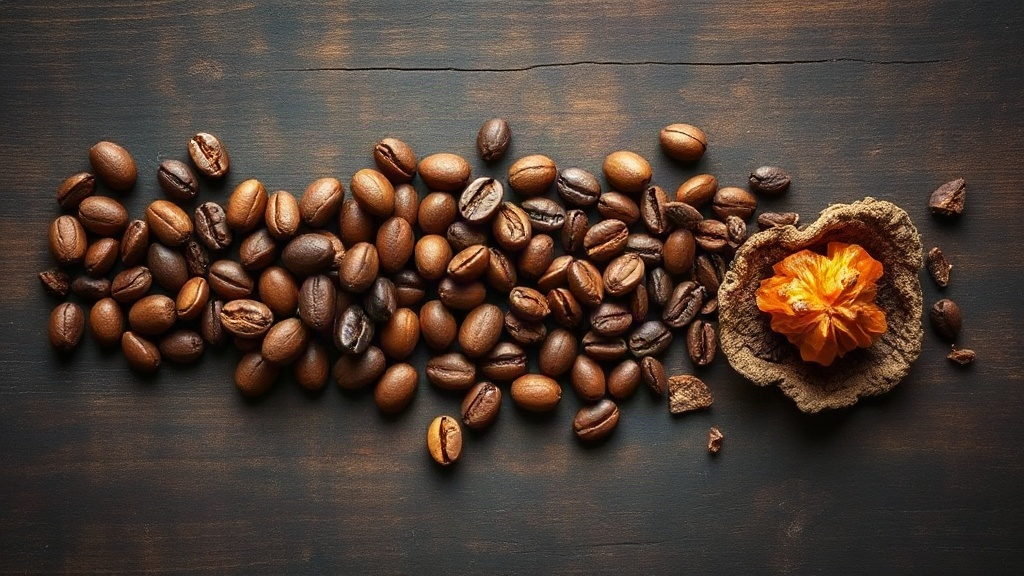 Top-down flat lay of roasted coffee beans, cacao nibs, dried oud wood chips and amber resin arranged on a dark wooden wa