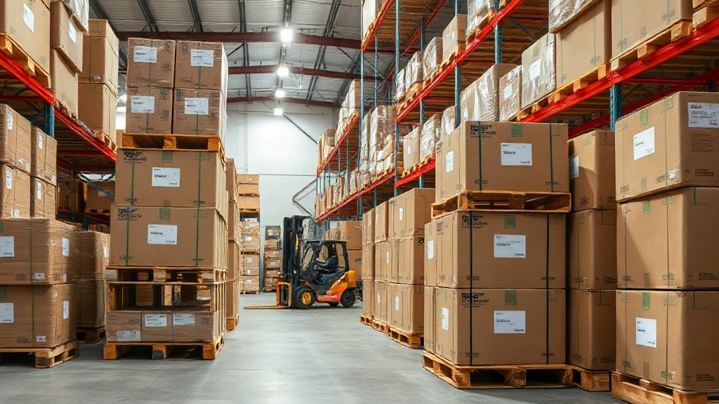 Organized wholesale warehouse interior with stacked wooden pallets loaded with sealed cardboard shipping cartons, forkli