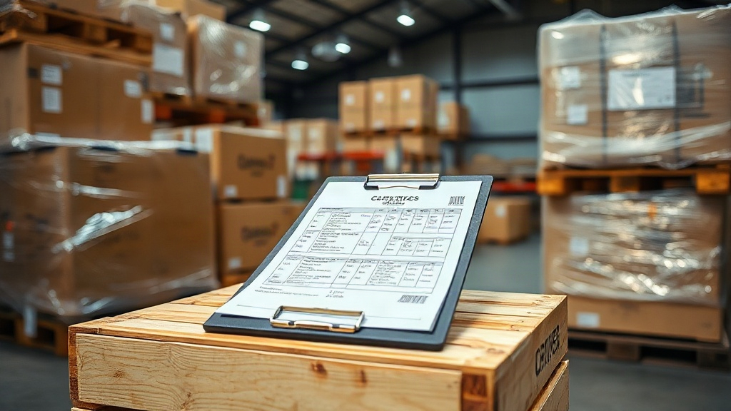 photograph of a logistics warehouse with stacked cardboard shipping boxes and wooden pallets wrapped in plastic film, a 