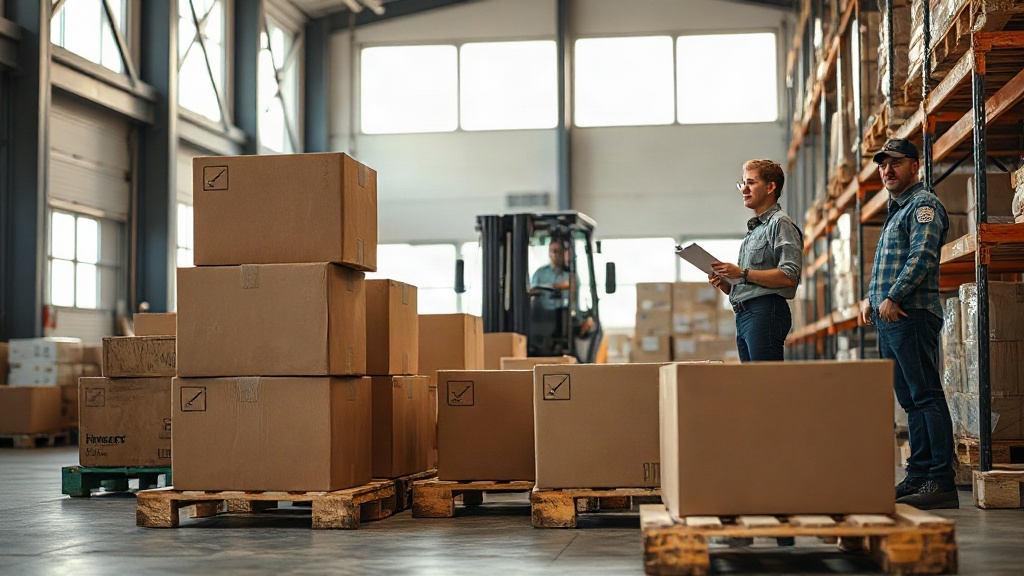 warehouse interior with stacked cardboard shipping boxes on wooden pallets, a forklift in the background, workers checki