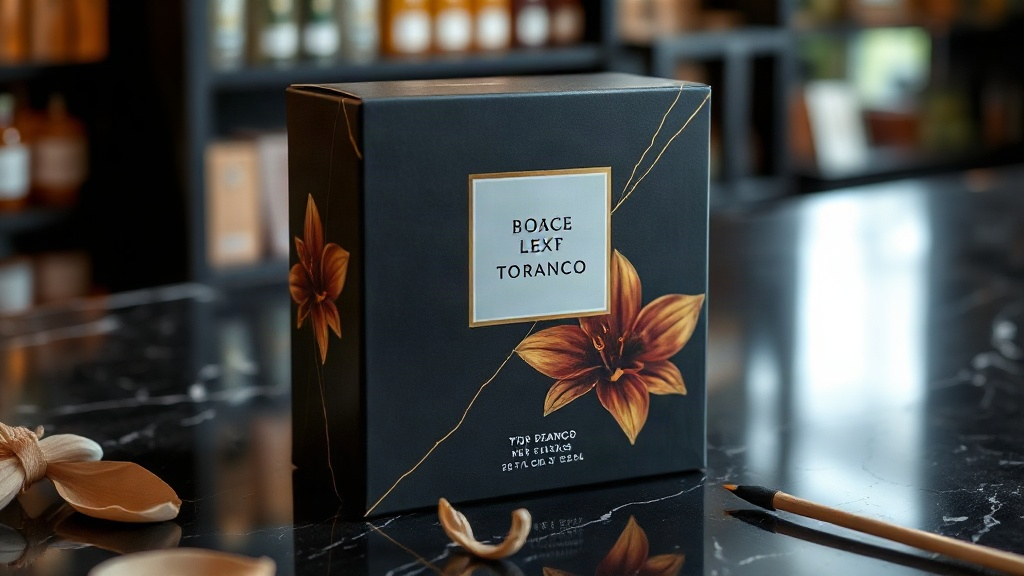 elegant outer perfume packaging box with tobacco and vanilla motif on a dark marble counter, luxury retail display, soft