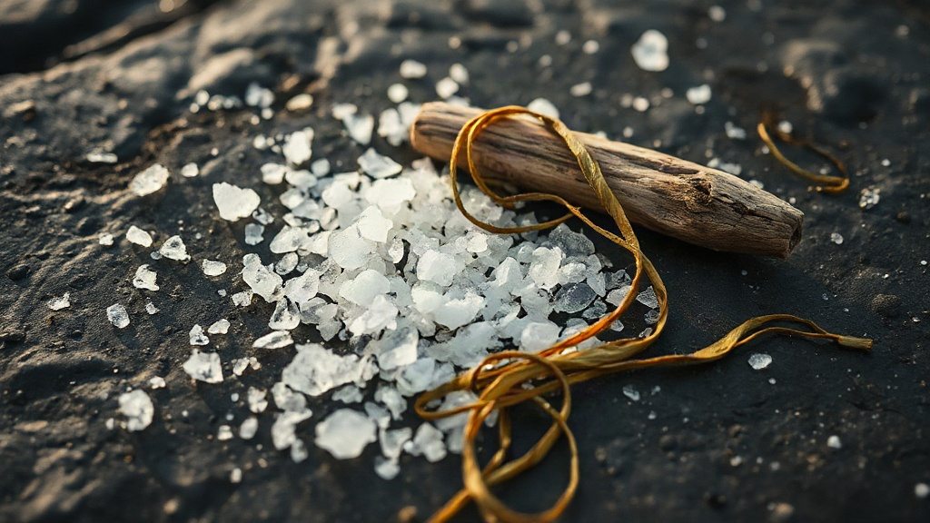 sea salt crystals scattered on a dark wet stone surface, a piece of weathered driftwood, strands of dried seaweed, soft 