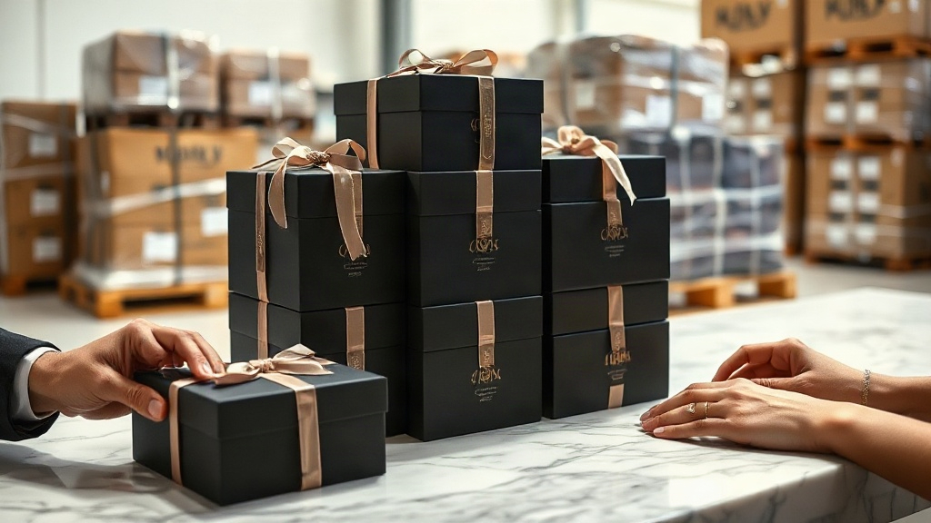 elegant closed perfume packaging boxes with ribbon stacked on a marble counter, hands arranging the boxes, warehouse pal
