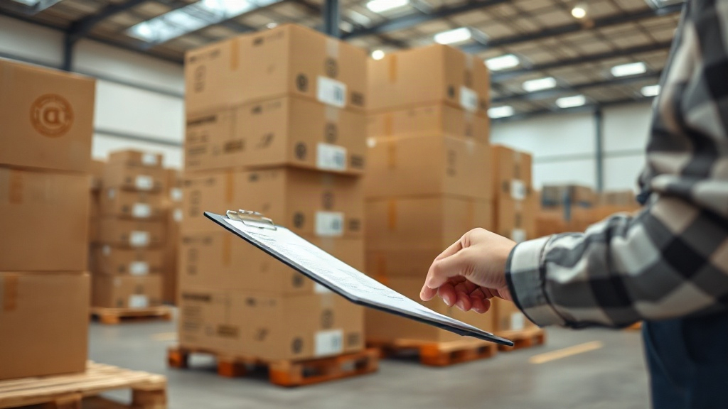 warehouse interior with stacked cardboard shipping cartons on wooden pallets, a worker's hand holding a clipboard c