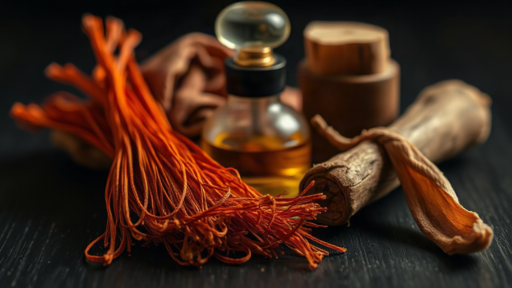 Close-up macro still life of raw perfume ingredients on a dark wooden table: dried saffron threads, raw tanned leather h