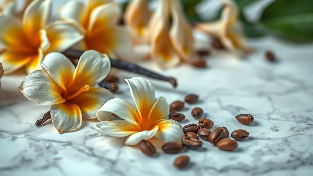 Close-up still life of fresh orange blossom flowers, vanilla pods, and roasted coffee beans arranged on a polished marbl