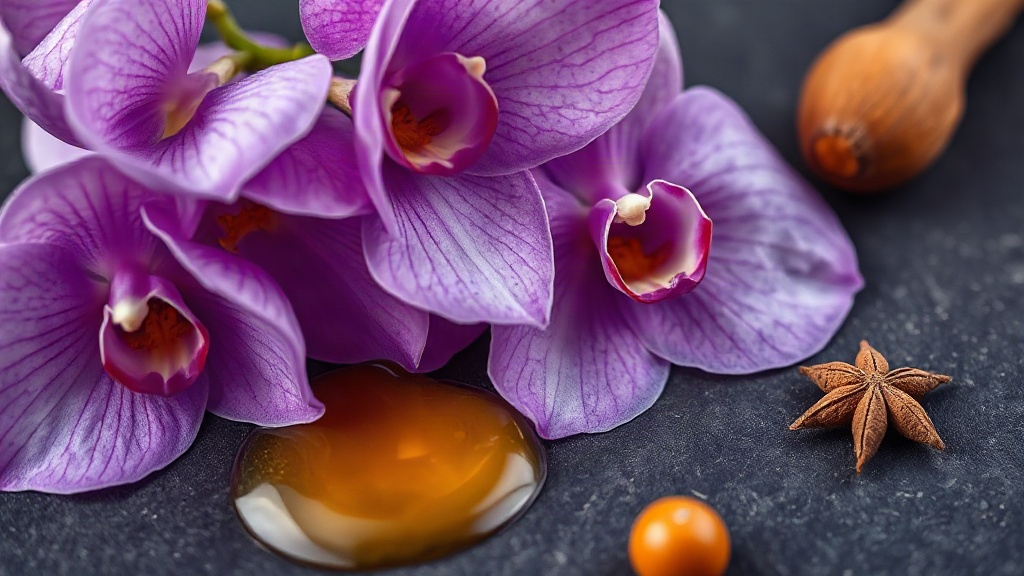 close-up still life of clustered purple orchid petals, a drizzle of golden honey, raw bergamot peel, and warm spice pods