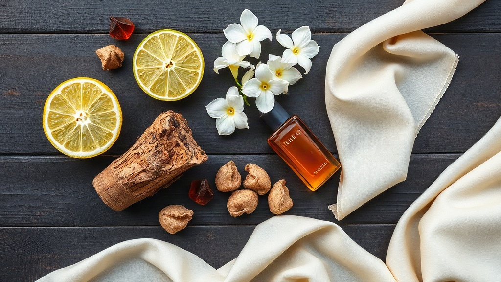 Overhead flat-lay of perfume raw materials on a dark wooden table — fresh bergamot citrus halves, white jasmine blossoms