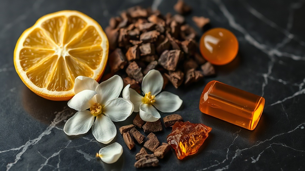 Close-up still life of raw perfumery ingredients including fresh bergamot citrus halves, jasmine blossoms, dark oud wood