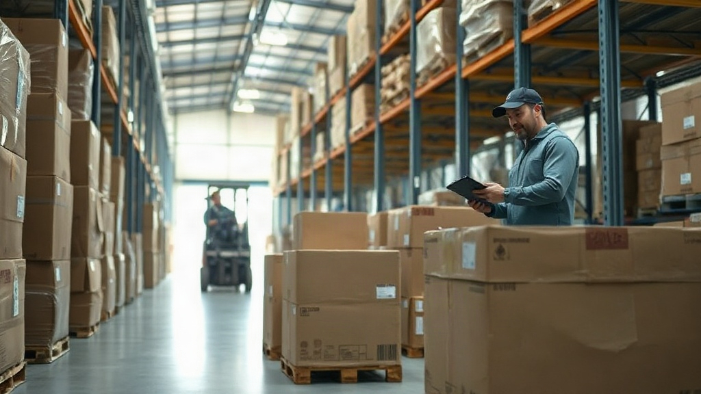 Warehouse interior with stacked cardboard shipping boxes and wooden pallets, a forklift in the background, workers check