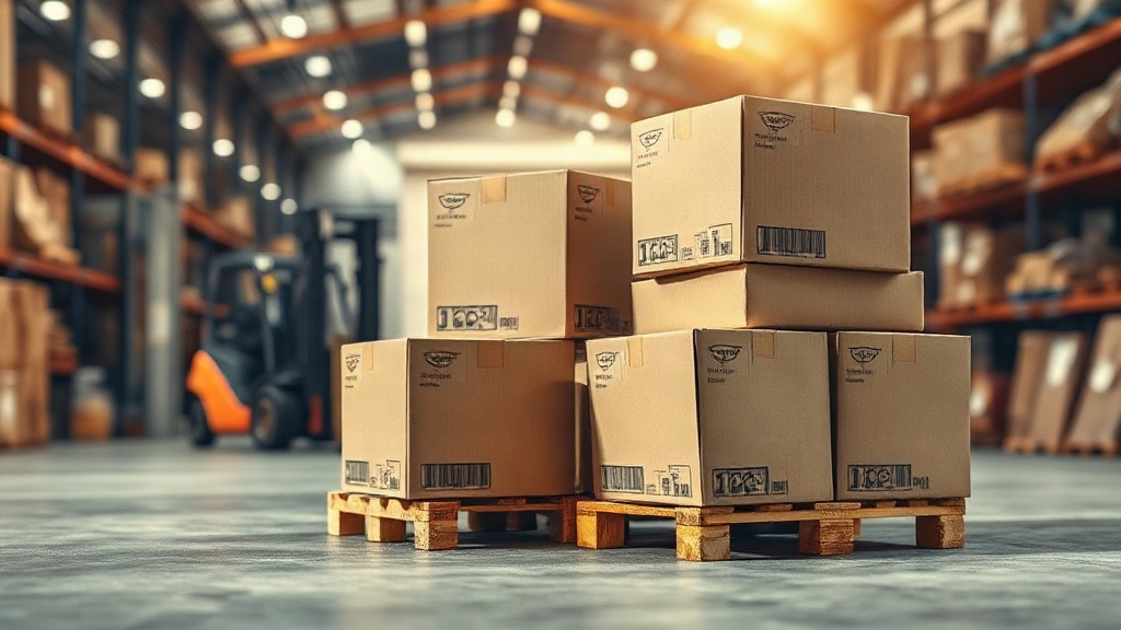 stacked cardboard shipping cartons on wooden pallets inside a logistics warehouse, forklift in soft focus background, in