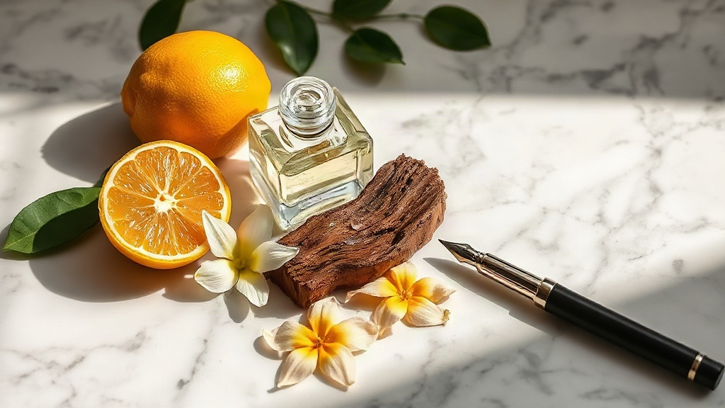 raw perfume ingredients arranged on a marble surface including bergamot citrus fruit, jasmine flowers, and a piece of ou