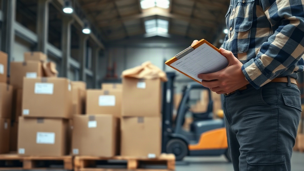 commercial warehouse interior with stacked export shipping cartons on wooden pallets, a forklift in the background, a wo