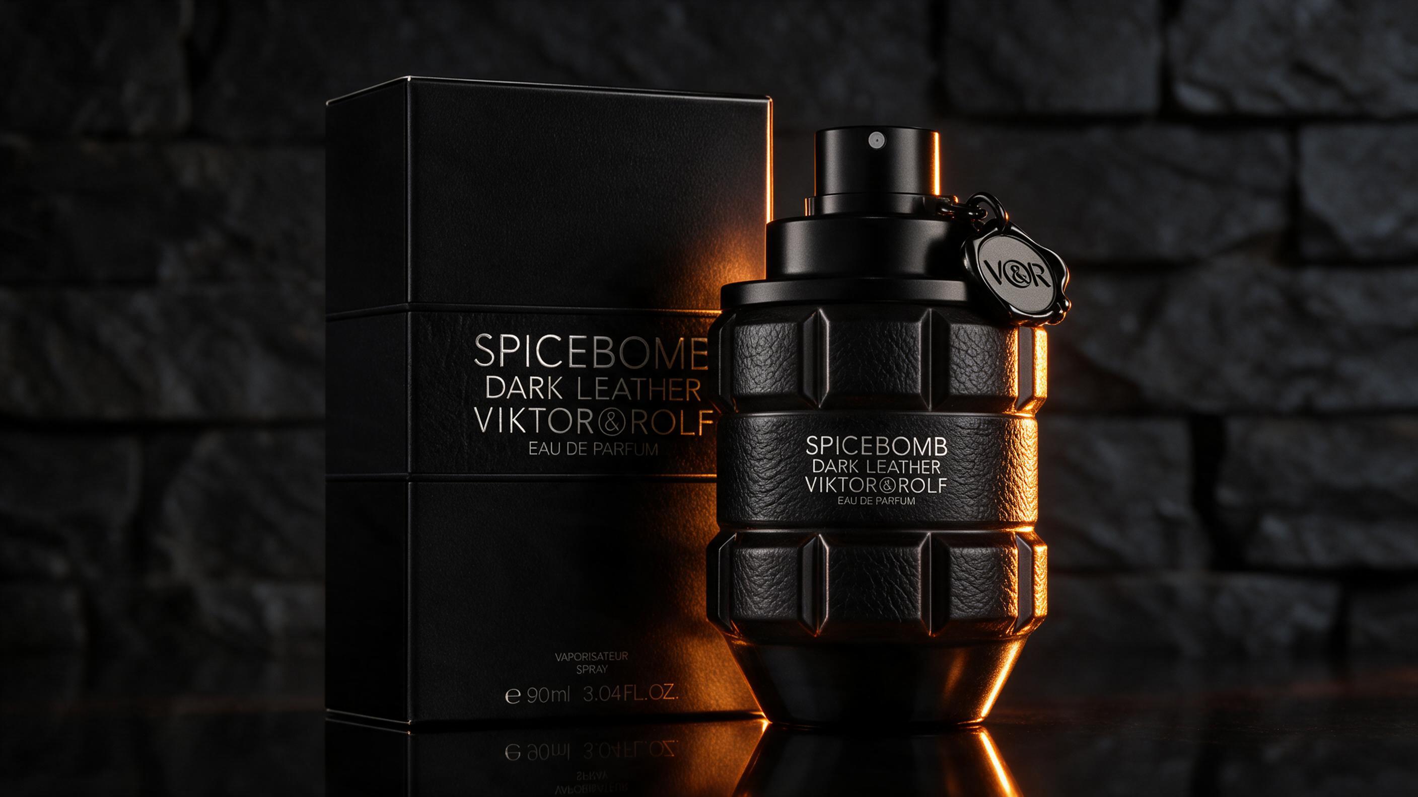 Professional studio product photography of a Viktor & Rolf Spicebomb Dark Leather Eau de Parfum 90ml bottle, grenade