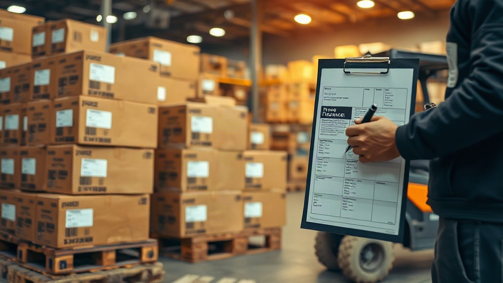 wholesale fragrance warehouse scene, stacked cardboard shipping cartons on wooden pallets, a worker's hand holding 