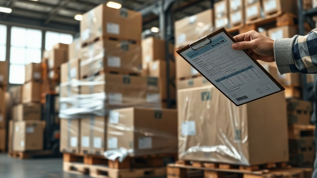 Warehouse logistics scene with stacked cardboard shipping cartons on wooden pallets, a shrink-wrapped pallet ready for f