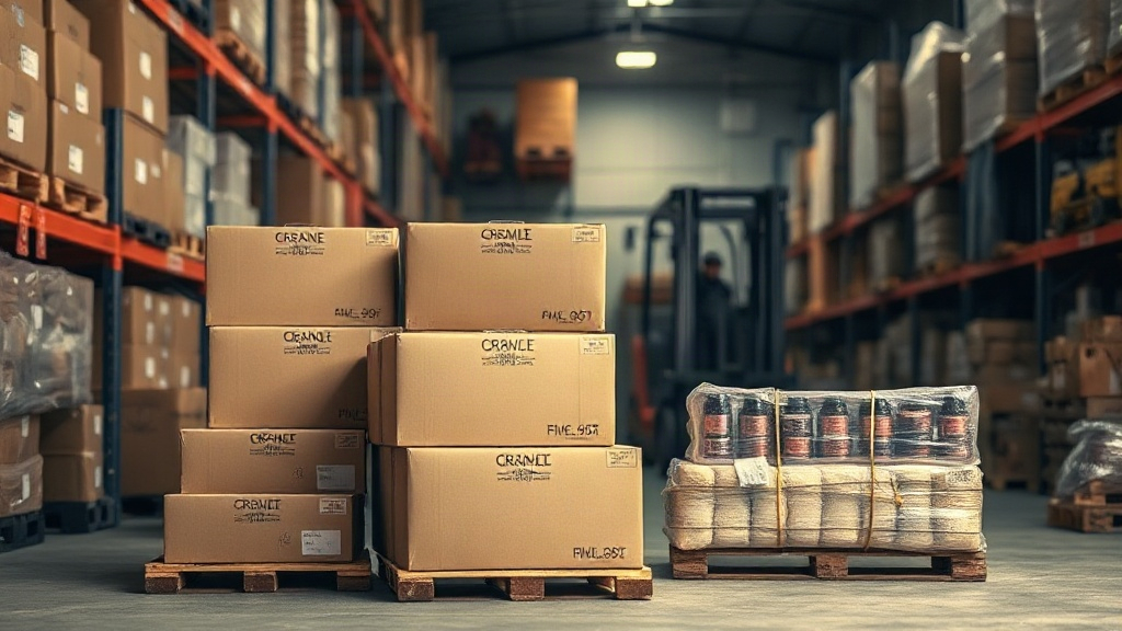 stacked cardboard shipping cartons and wrapped wooden pallets inside a wholesale fragrance distribution warehouse, forkl