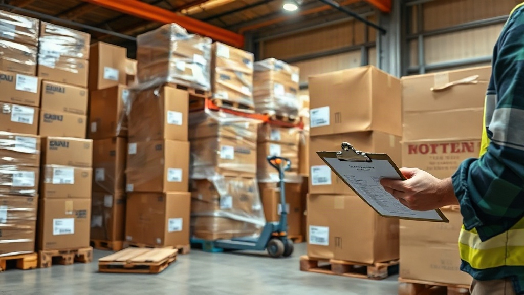 Photo of stacked cardboard shipping cartons and shrink-wrapped pallets inside a logistics warehouse, a pallet jack nearb