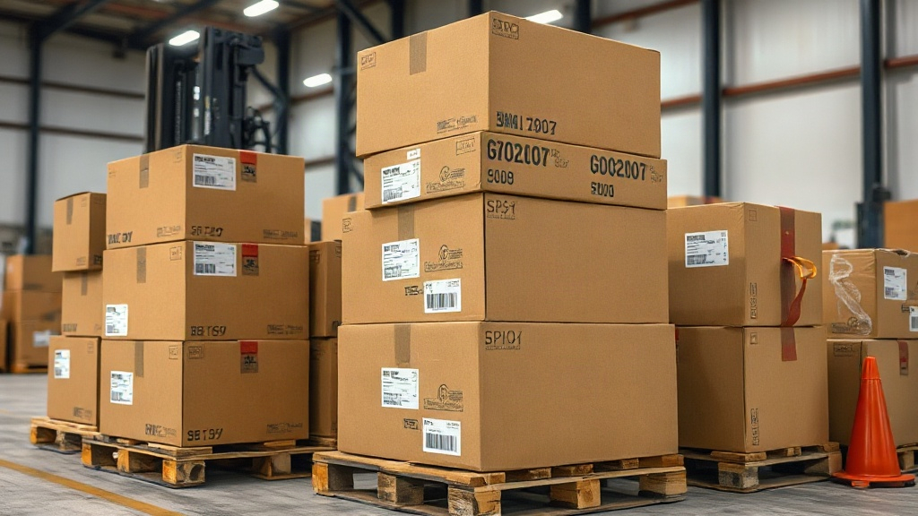 warehouse interior with stacked cardboard shipping cartons on wooden pallets, a forklift partially visible in the backgr