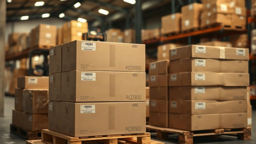 Warehouse interior with wooden pallets stacked with sealed brown cardboard shipping cartons, blurred forklift in the bac