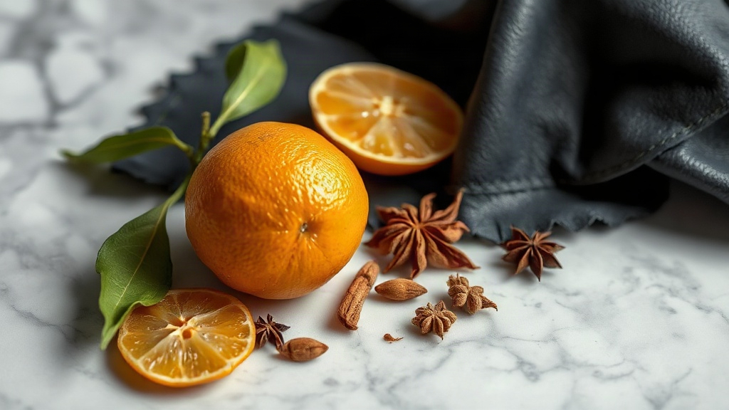 close-up still life of bergamot fruit, dried spices, and a piece of dark leather fabric arranged on a marble surface, na
