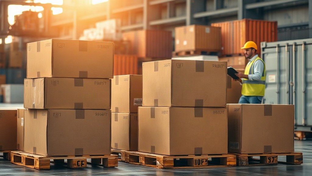 warehouse logistics scene with stacked cardboard shipping cartons on wooden pallets, a forklift in the background, worke
