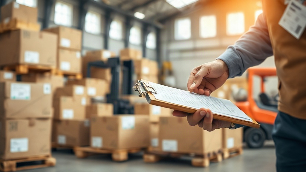 warehouse interior with stacked cardboard shipping cartons on wooden pallets, a worker's hand checking an inventory