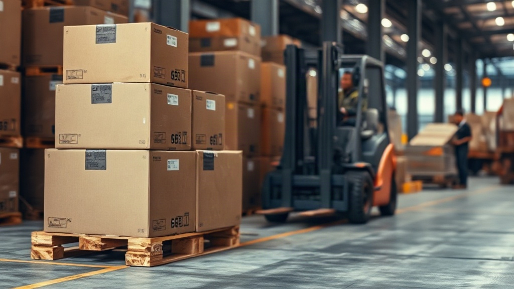 export warehouse loading dock with stacked cardboard cargo boxes on wooden pallets, a forklift in soft focus background,