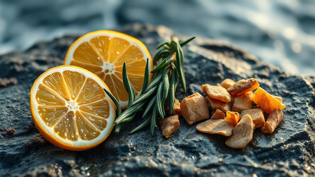 close-up still life of bergamot citrus fruit slices, fresh sea rosemary sprigs, and sandalwood chips arranged on a wet d