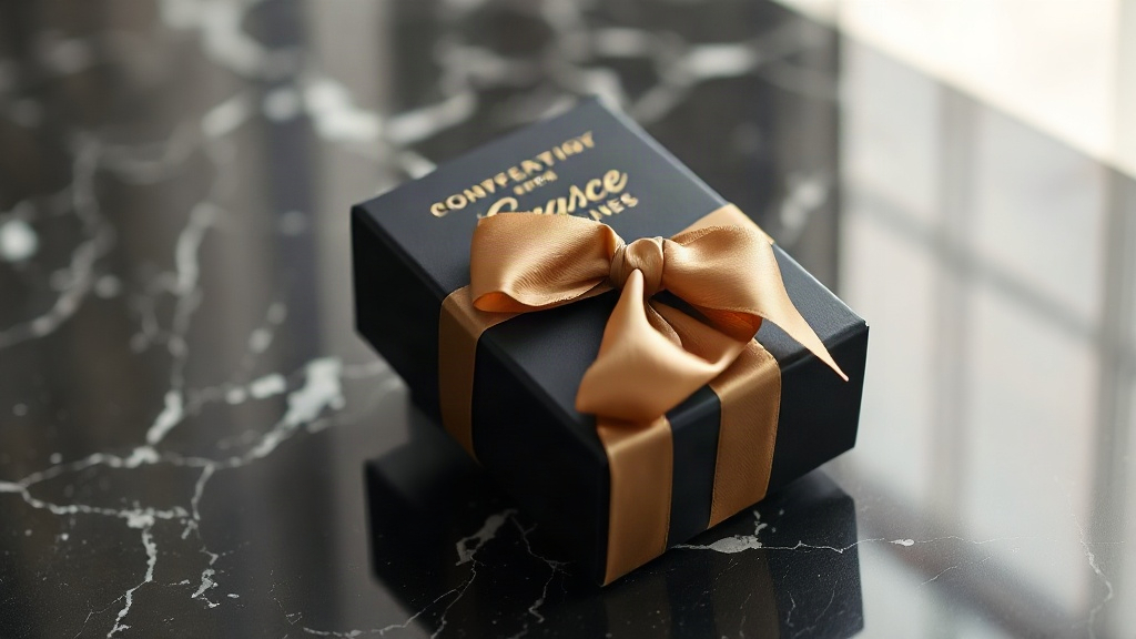 macro photo of an elegant sealed luxury perfume outer packaging box with gold foil lettering and a satin ribbon, resting