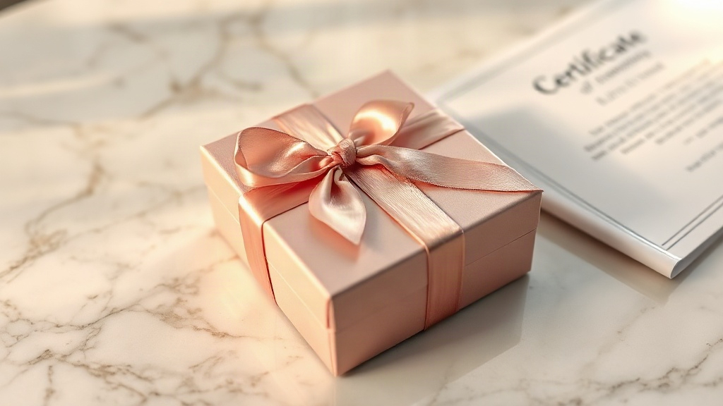 elegant closed perfume gift box with a blush-pink satin ribbon and a small authenticity hologram sticker, resting on a p