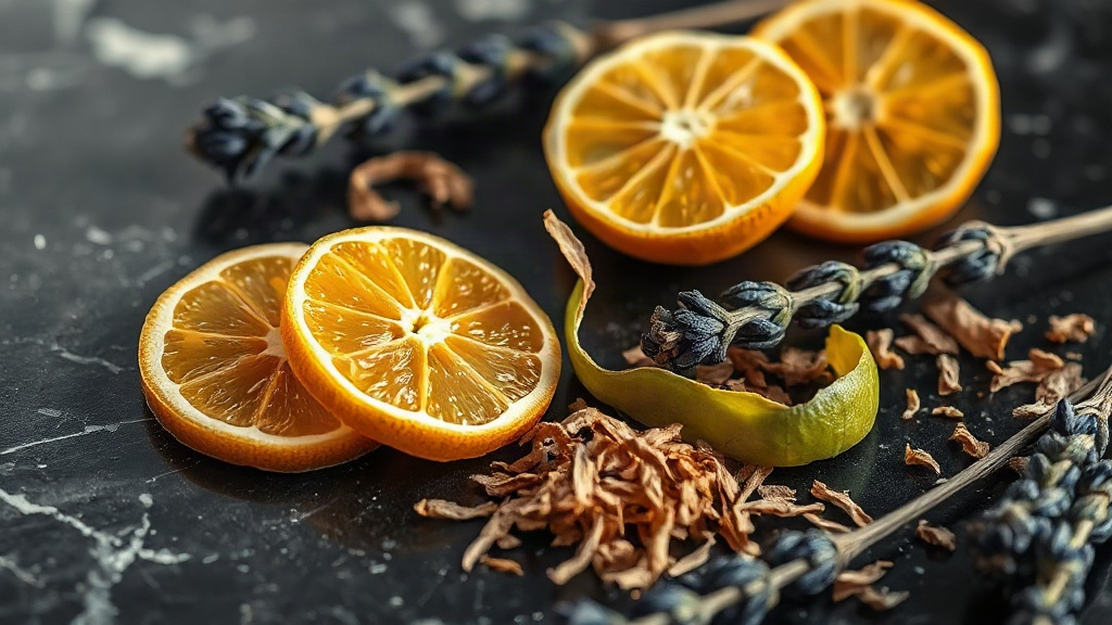 macro still life of fresh bergamot slices, green mandarin peel, lavender sprigs and cedar wood shavings arranged on a da