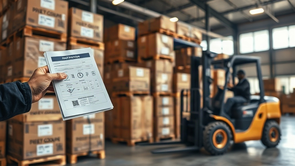 Warehouse scene with stacked cargo boxes and wooden pallets, a worker's hand holding a customs shipping document an