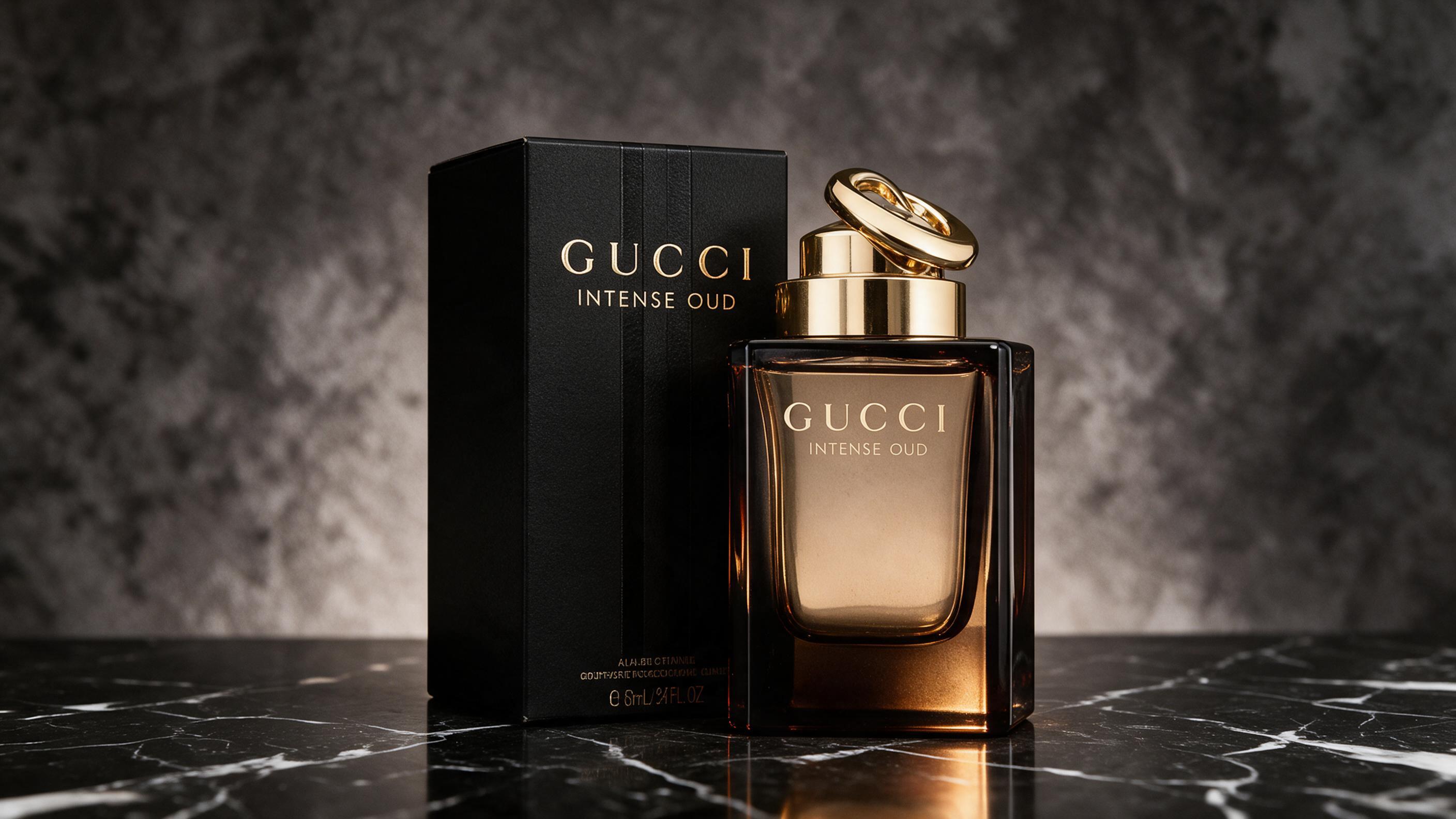 elegant amber-colored perfume bottle with minimalist luxury label, warm golden lighting, standing on a dark marble surfa