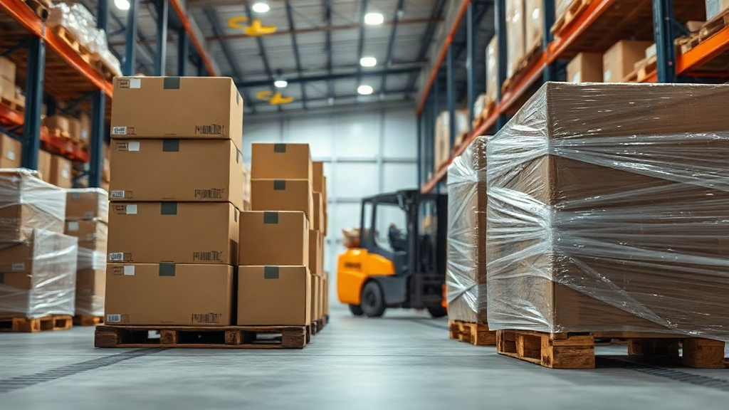 Warehouse logistics scene showing stacked cardboard shipping cartons and wooden pallets wrapped in stretch film inside a