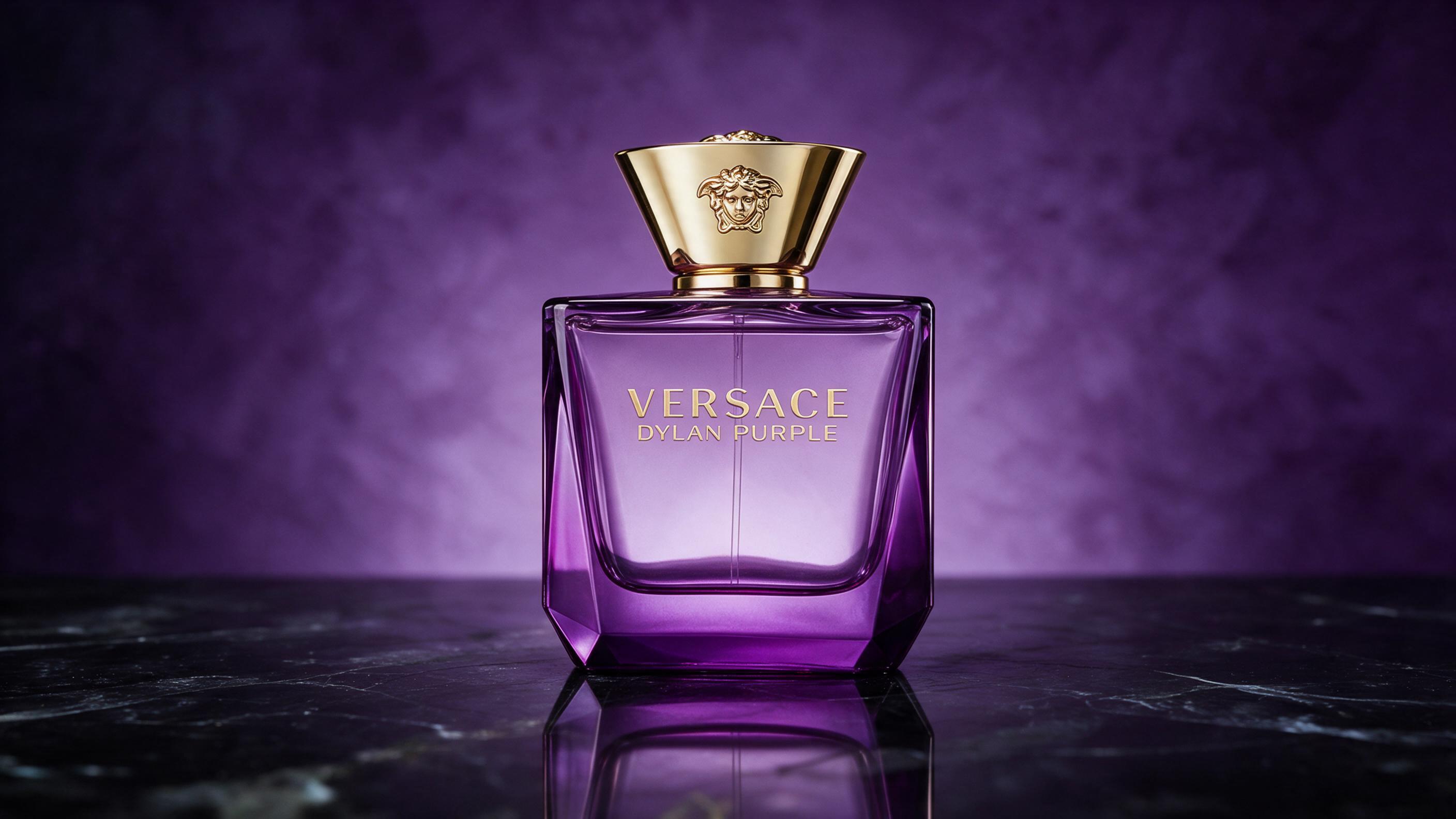 elegant studio product photo of a purple-toned Versace Dylan Purple eau de parfum bottle with Medusa gold cap, 100ml, so