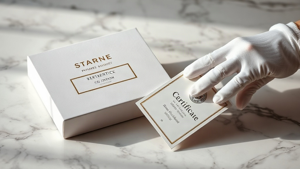 Sealed luxury perfume packaging box with an authenticity hologram sticker and a printed certificate card resting beside 