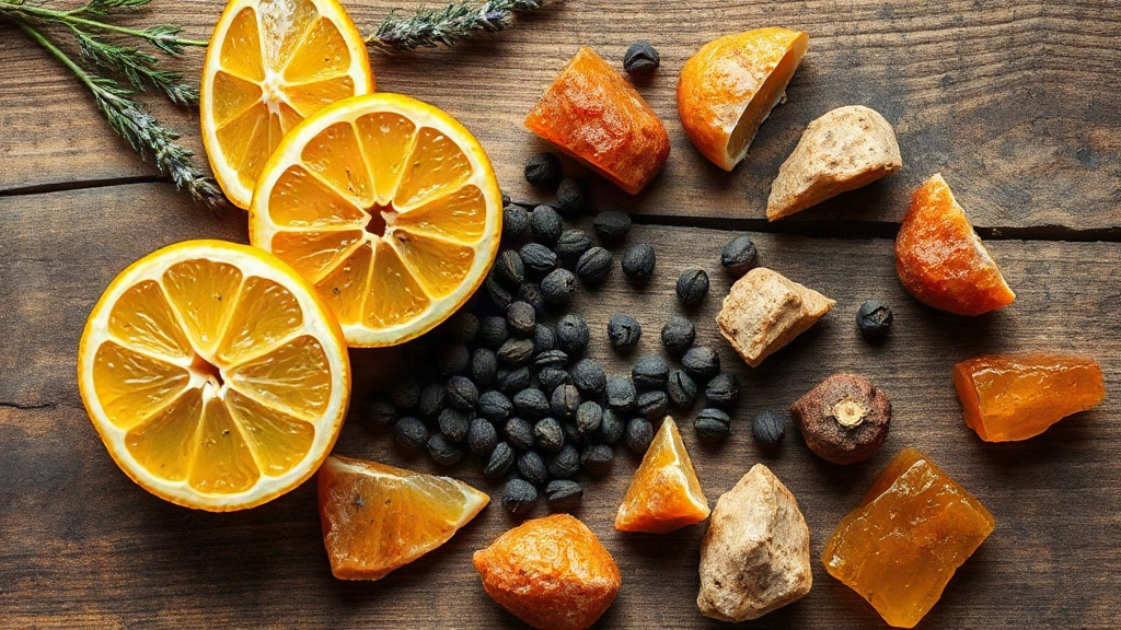 overhead shot of fresh halved bergamot citrus fruits, scattered black peppercorns, lavender sprigs, and rough amber resi